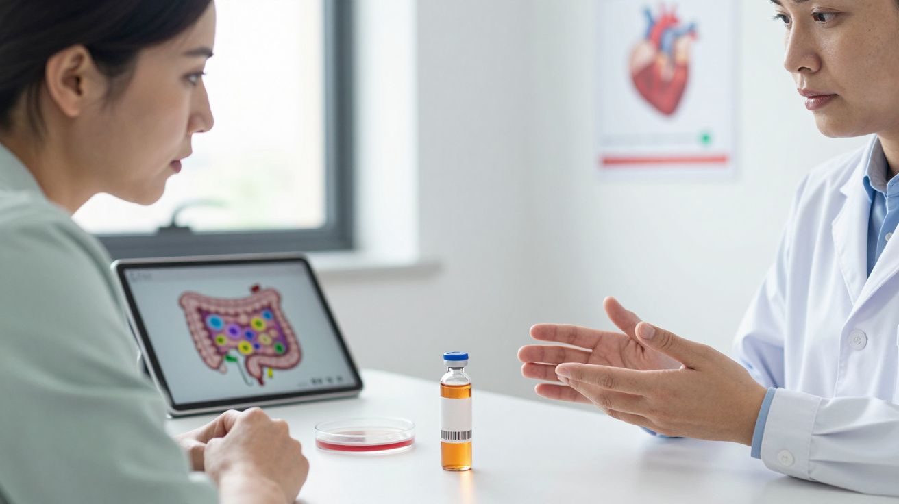 Médico explica diagnóstico sobre intestino usando tablet para paciente numa consulta médica.