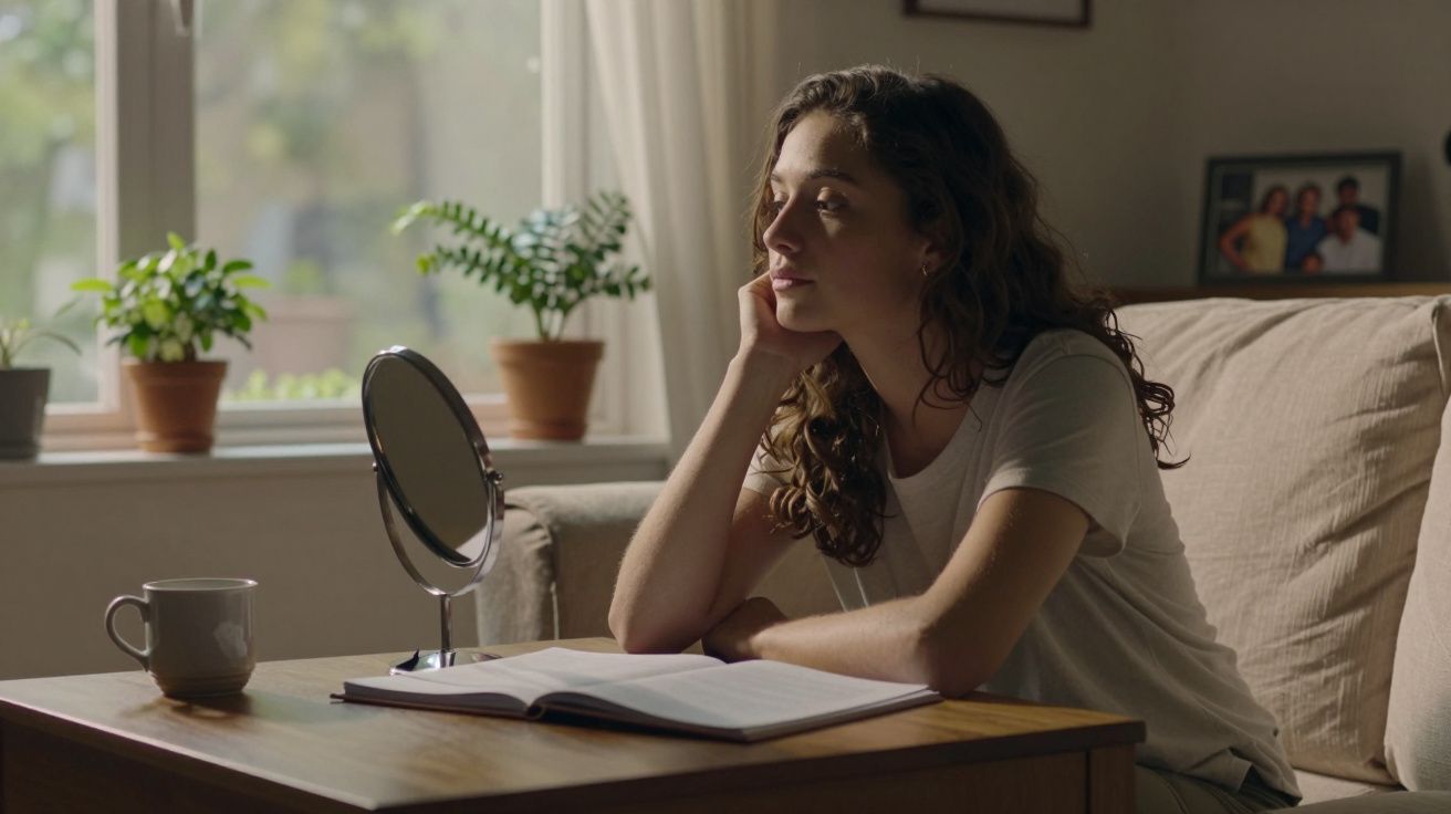 Mulher pensativa sentada à mesa com livro aberto, caneca e espelho, perto de janela com plantas.
