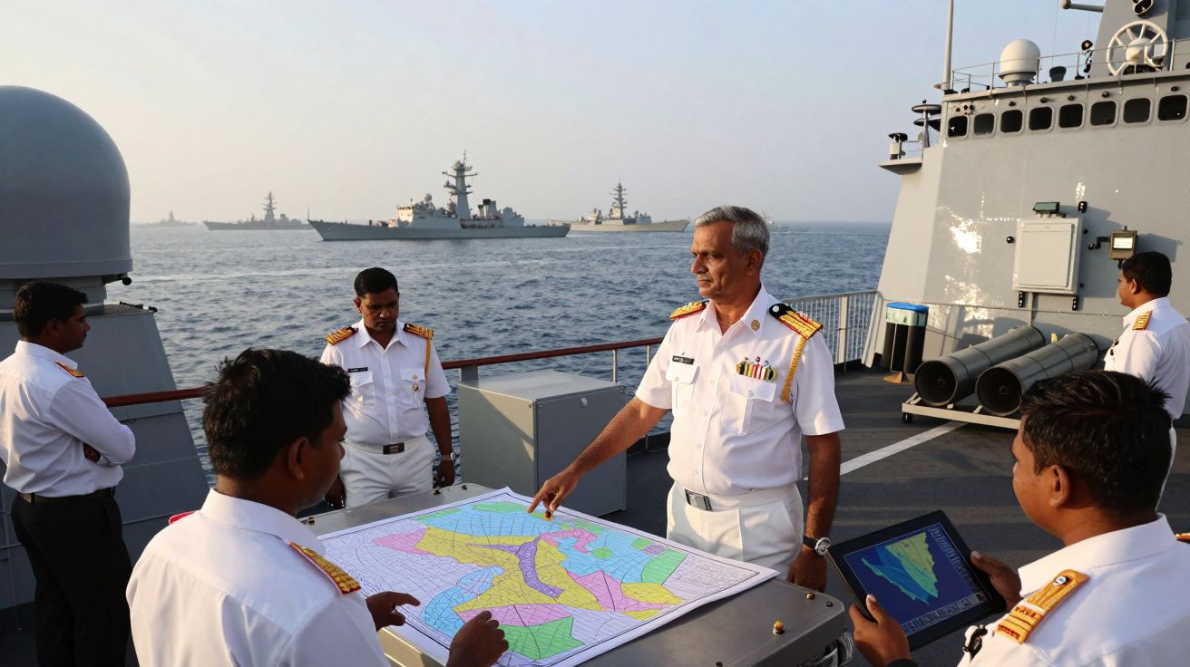 Oficiais navais em uniforme branco analisam mapas estratégicos num navio com outros navios ao fundo no mar.