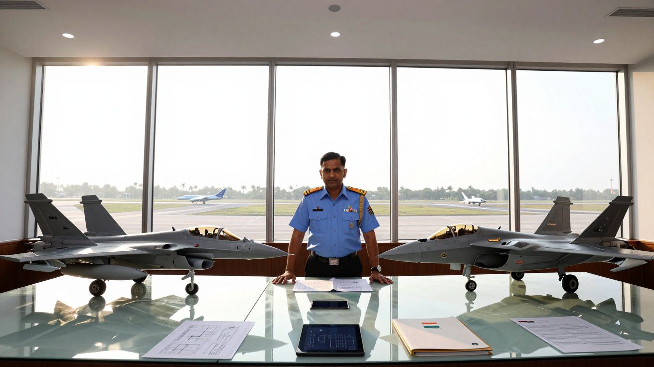 Piloto militar em uniforme azul atrás de secretária com modelos de aviões de guerra e documentos num aeroporto.