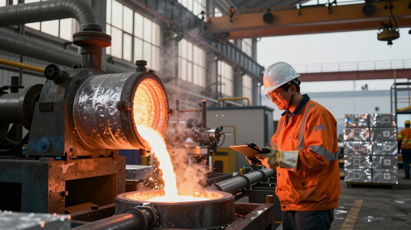 Trabalhador com capacete a observar metal derretido a ser vertido numa indústria metalúrgica.