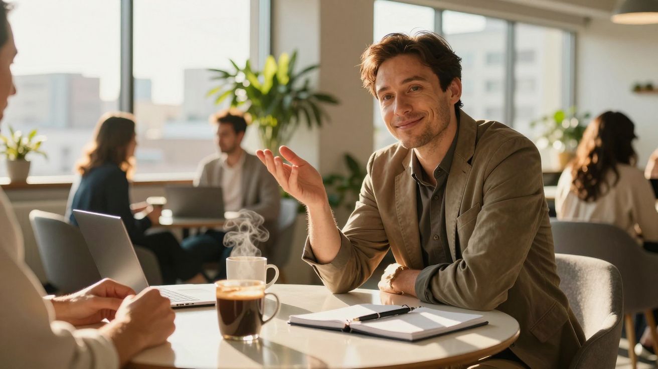 Homem sorridente a conversar numa mesa de café com computador portátil e cadernos ao redor.