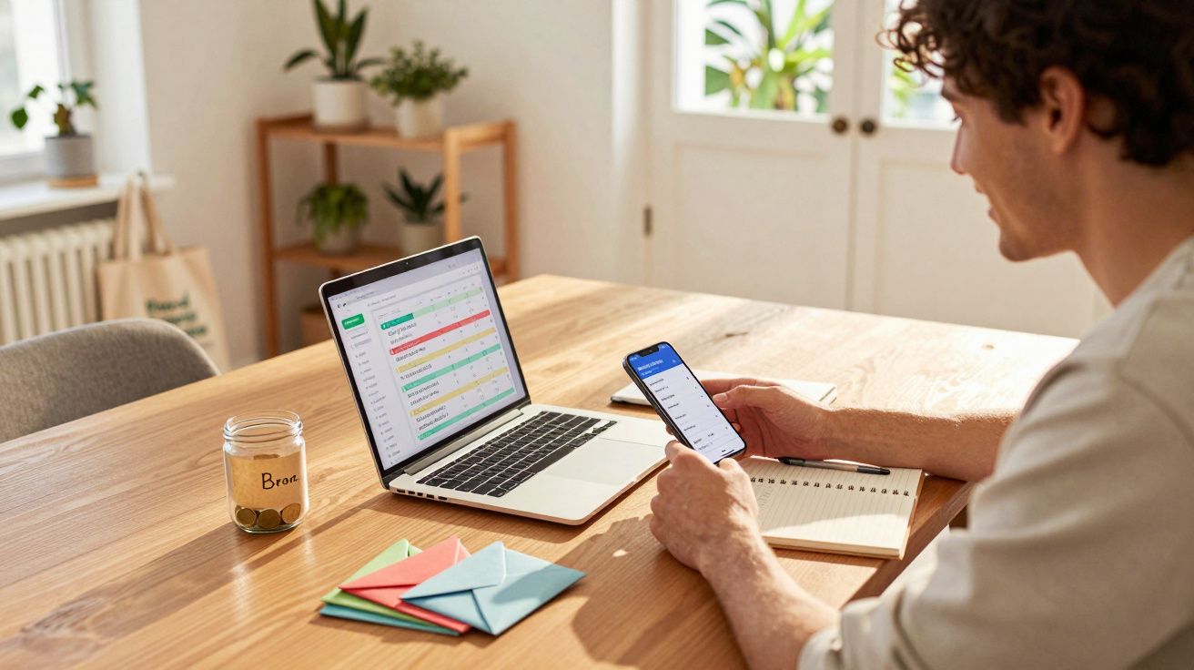 Homem sentado a trabalhar em telemóvel e computador portátil numa mesa de madeira com envelopes coloridos e caderno.
