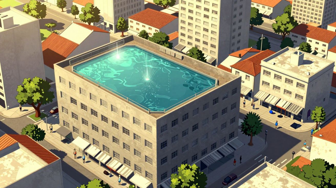 Prédio urbano com piscina no terraço, rodeado por edifícios mais baixos e árvores dispersas nas ruas.