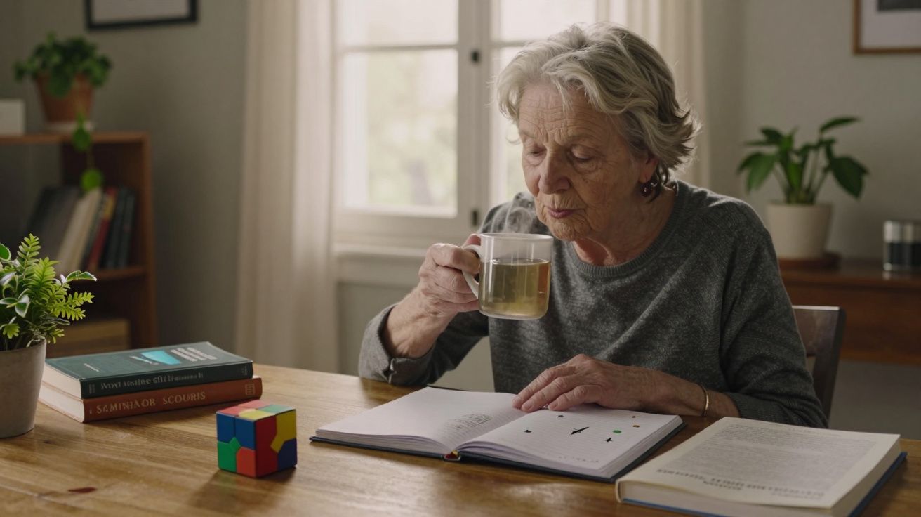 Idosa sentada à mesa, lendo um livro e bebendo chá numa sala iluminada pela janela.