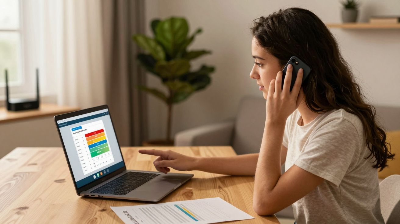 Mulher jovem a falar ao telemóvel enquanto aponta para gráfico colorido no ecrã do portátil numa mesa de madeira.