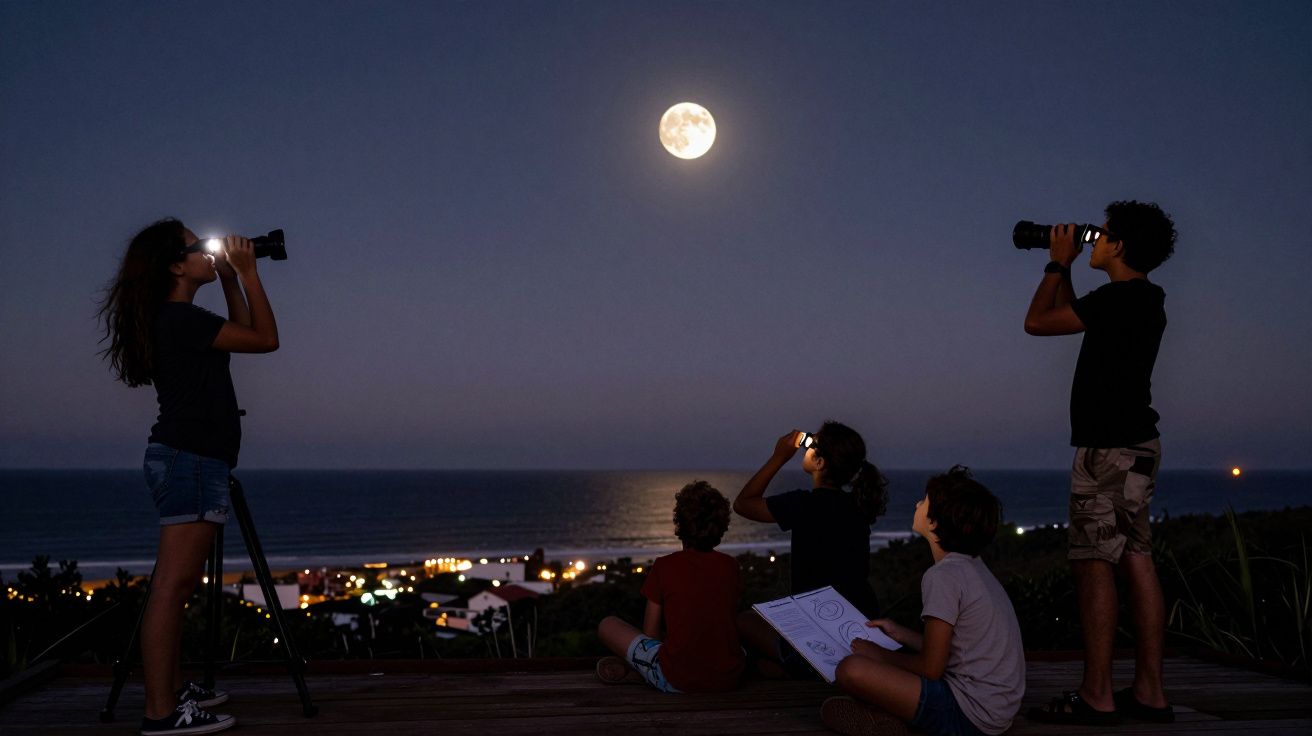 Cinco crianças observam a lua cheia à noite, duas usando binóculos, com a luz da lua e da cidade ao fundo.