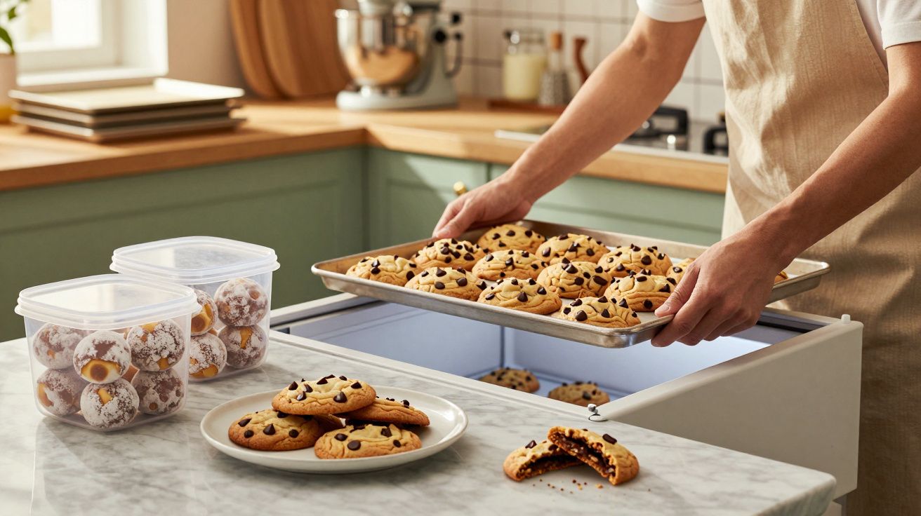 Pessoa a guardar tabuleiro com bolachas de chocolate num congelador na cozinha moderna.