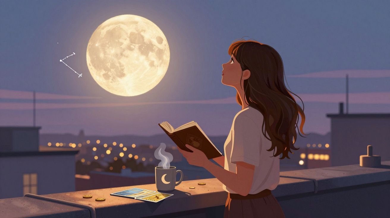 Jovem a ler um livro no terraço ao anoitecer, com a lua cheia brilhante no céu e uma chávena de chá fumegante.