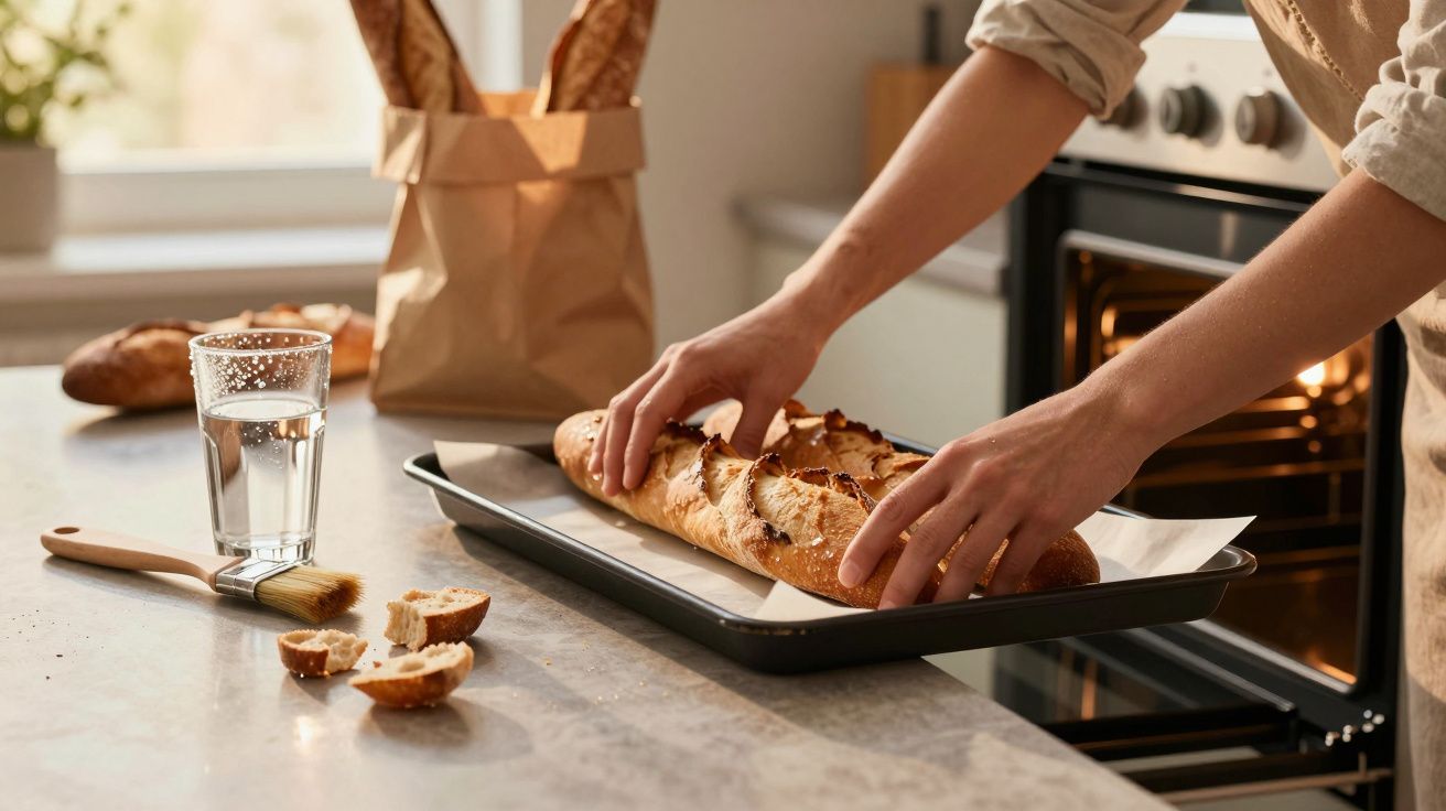 Pessoa a retirar baguete acabada de cozer do forno numa cozinha iluminada.