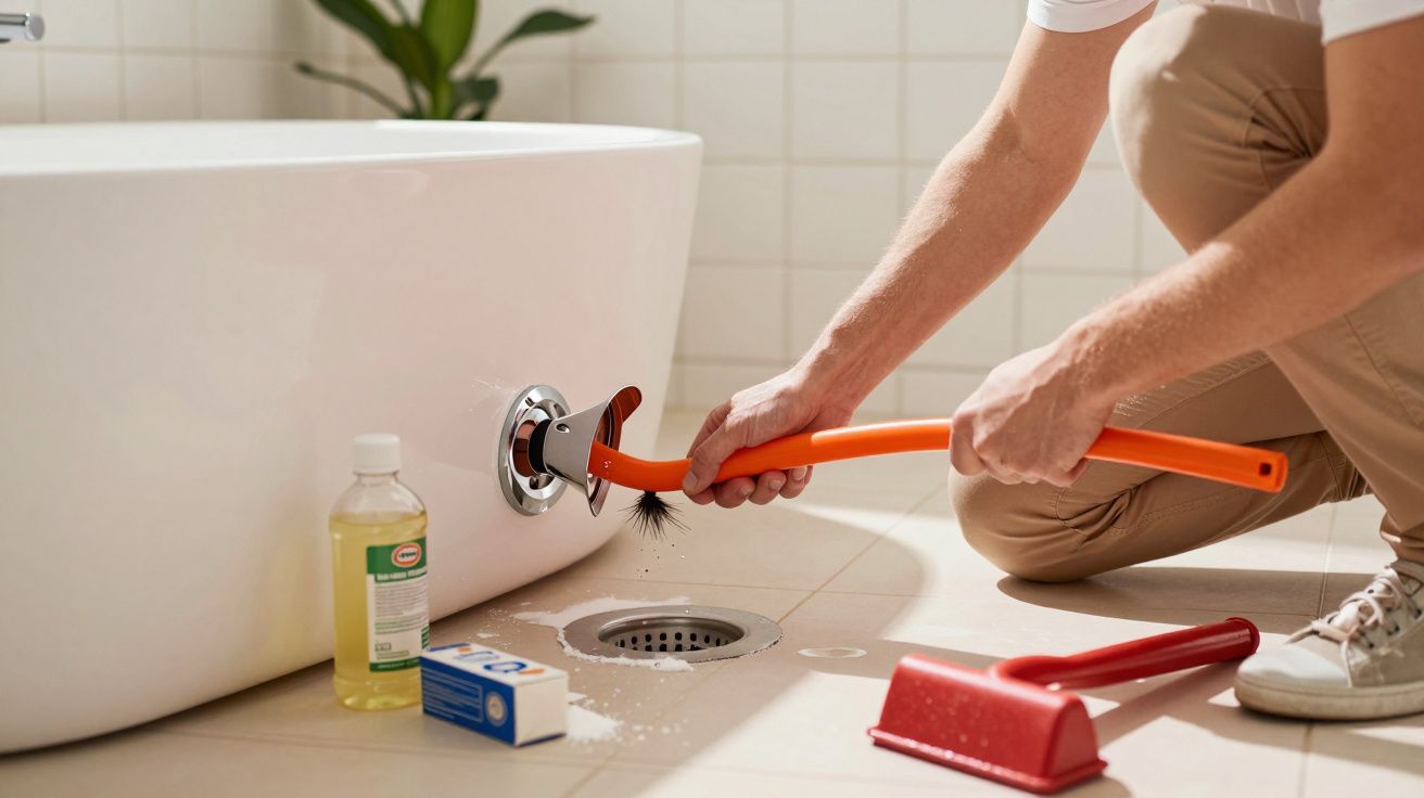 Pessoa a desobstruir o ralo de uma banheira com uma ferramenta laranja num chão de casas de banho.