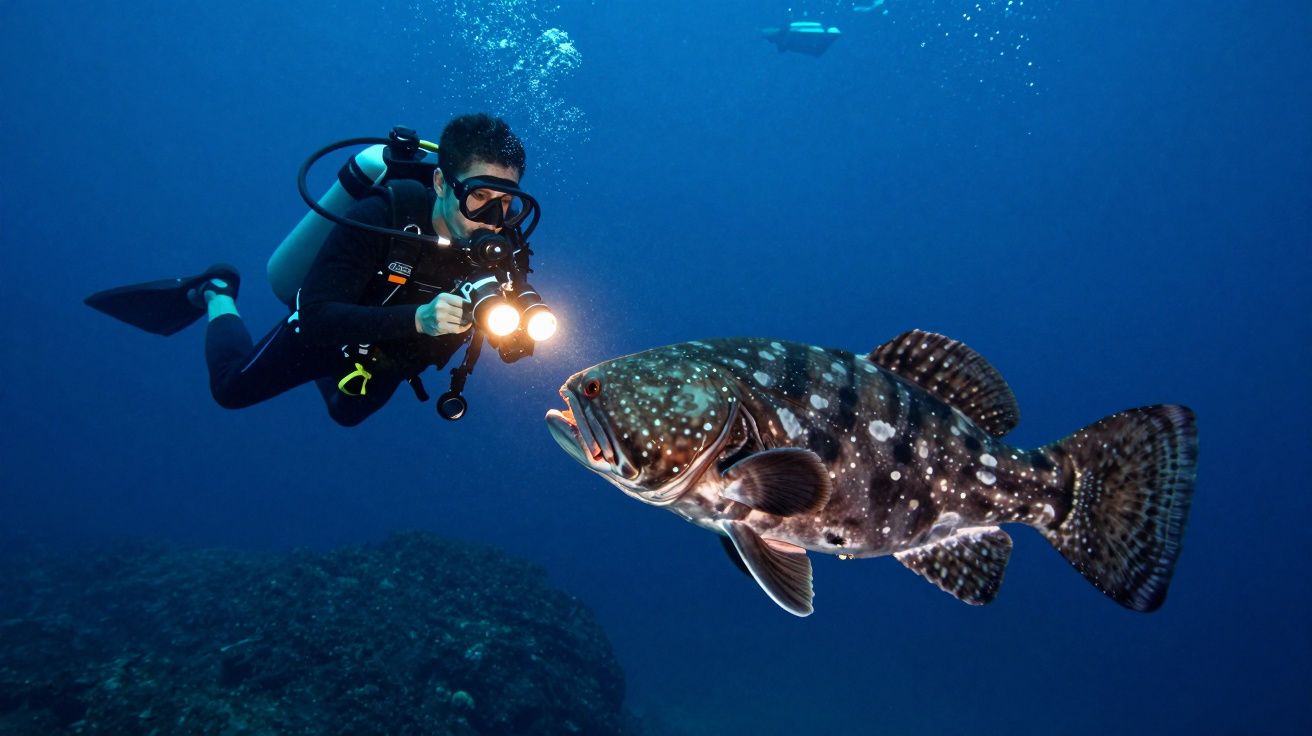 Mergulhador com iluminação subaquática a observar um grande peixe no oceano profundo.