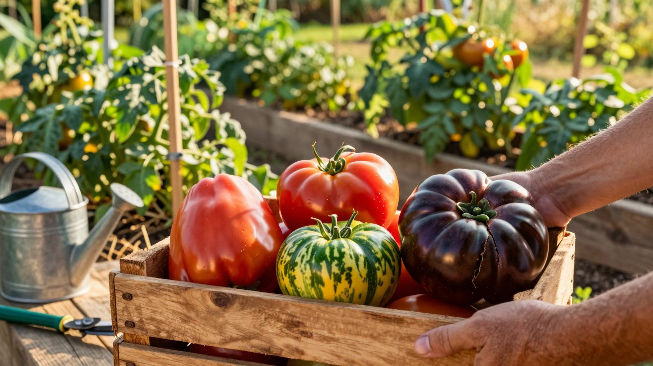 Cesta de madeira com vários tomates coloridos colhidos numa horta ao ar livre, com regador e tesoura ao lado.
