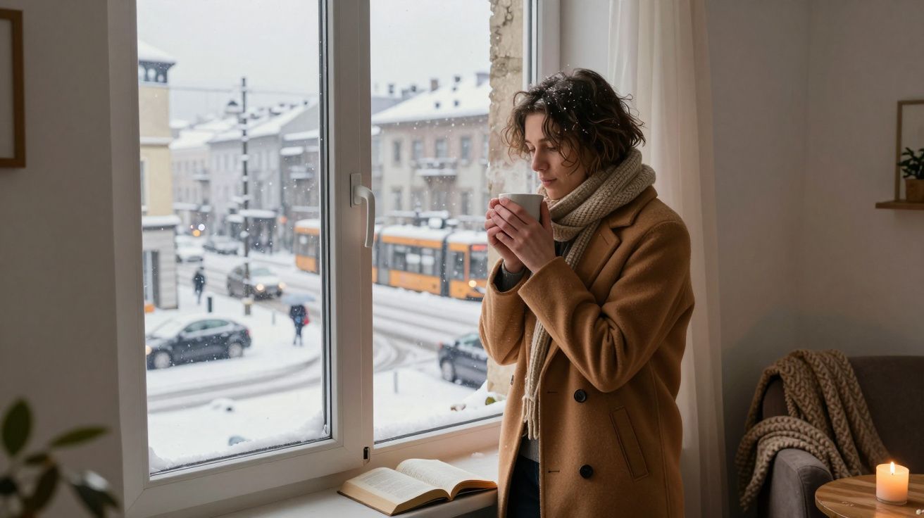 Pessoa com casaco e cachecol bebe chá junto à janela, com vista para rua e neve a cair.