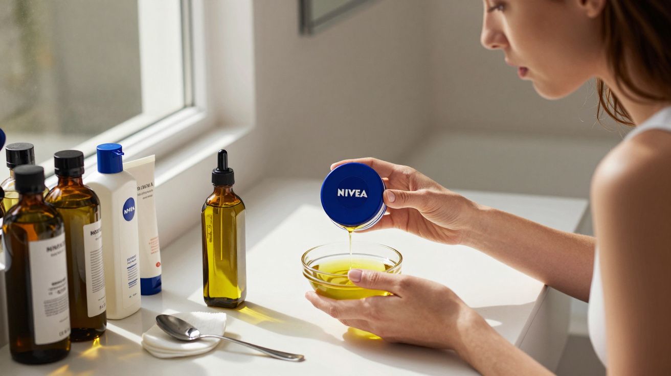 Pessoa a deitar creme Nivea numa taça, com vários produtos cosméticos sobre a mesa junto a uma janela.