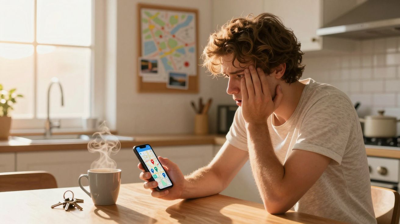 Homem sentado à mesa numa cozinha, segurando telemóvel com aplicação de mapas aberta.
