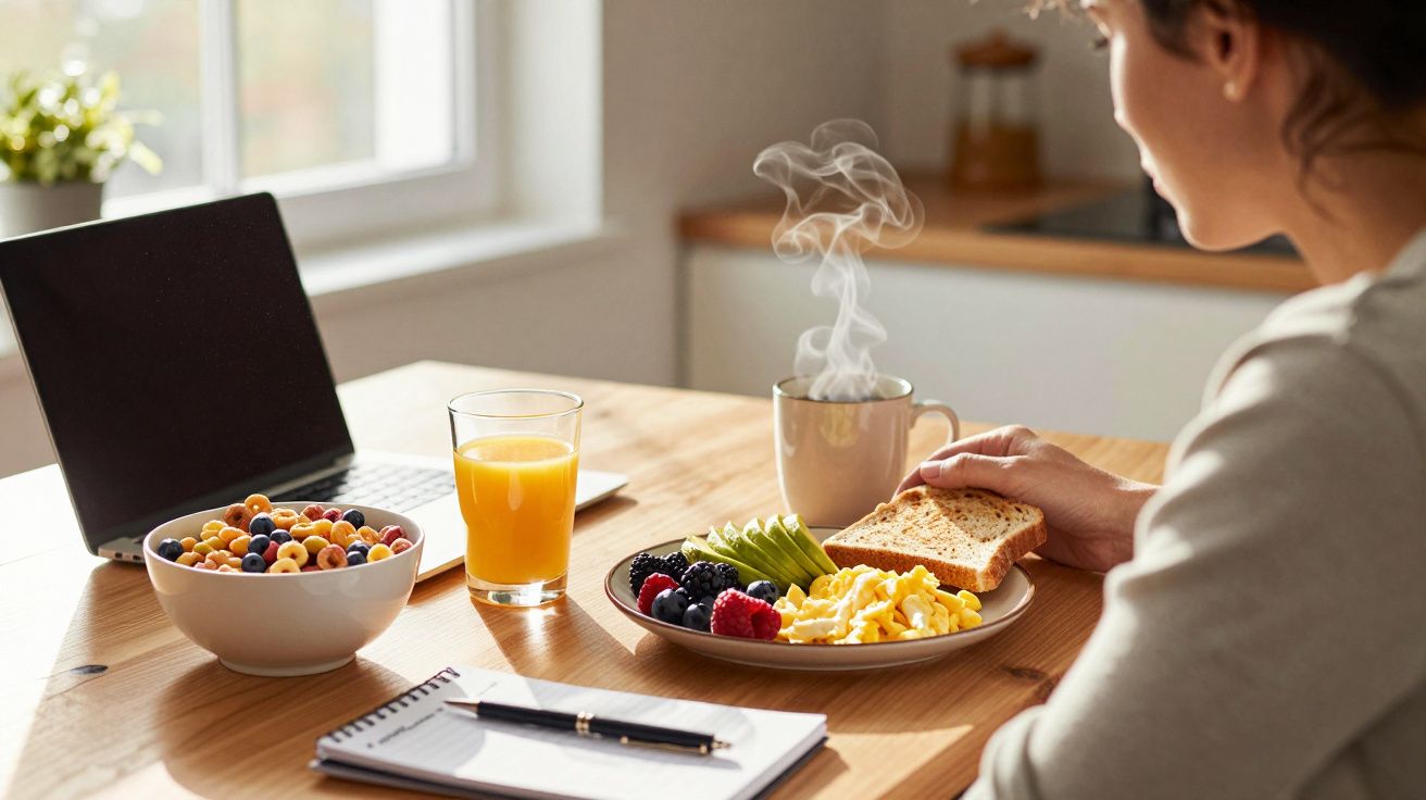 Pessoa a tomar pequeno-almoço com torrada, ovos mexidos, frutas, sumo e café quente junto a portátil e bloco de notas.