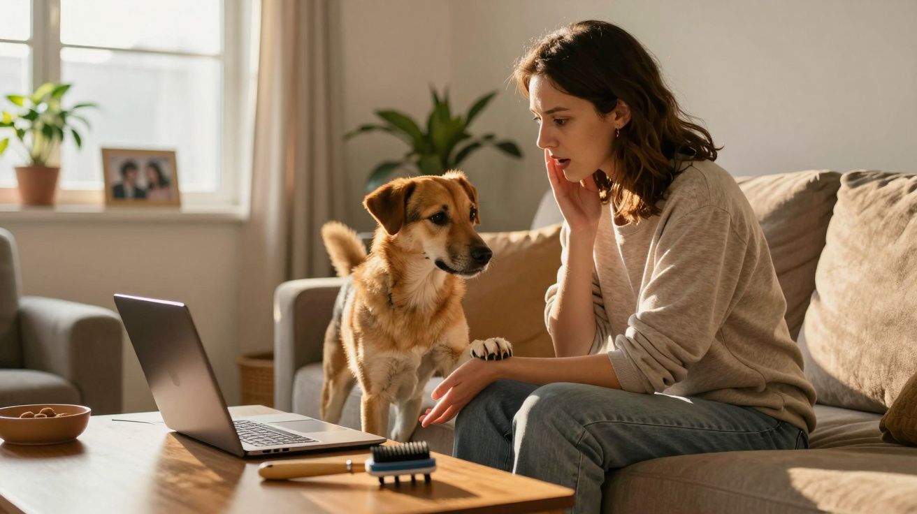 Mulher sentada no sofá a olhar para o cão que pousa a pata na sua perna, com computador portátil na mesa.