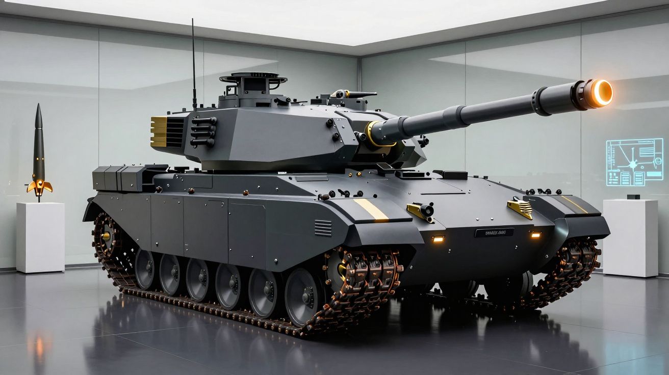 Tanque de combate moderno cinzento com arma principal destacada em espaço de exposição minimalista.