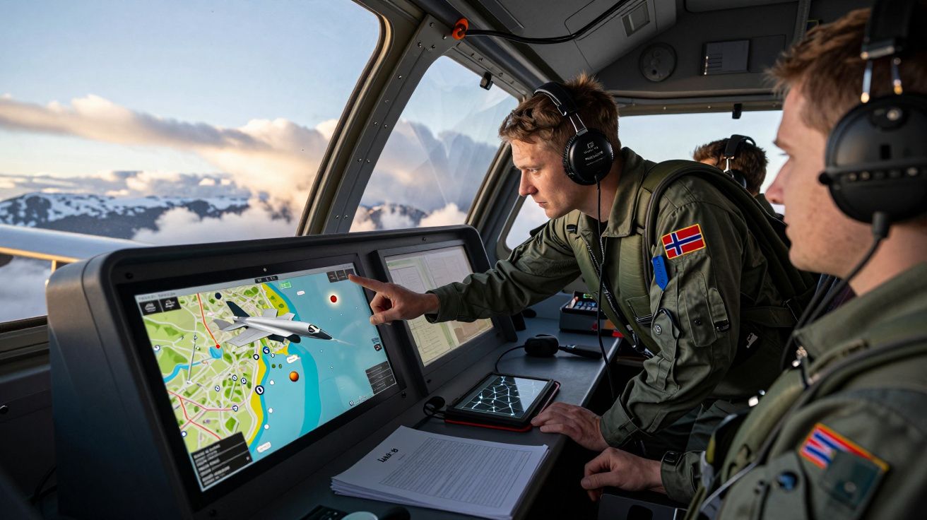 Militares noruegueses em missão de controlo aéreo com sistema de radar e mapa digital na cabine de comando.