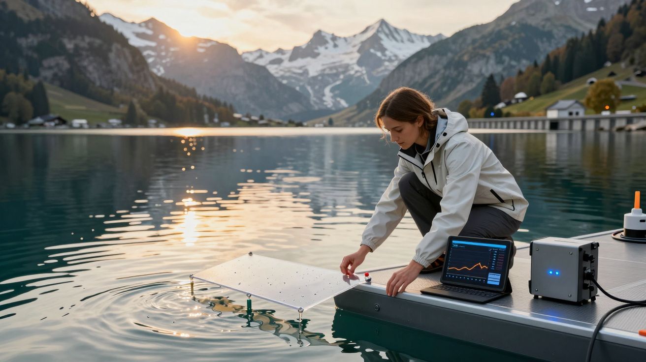 Mulher a recolher dados com equipamento tecnológico num lago rodeado por montanhas nevadas ao pôr do sol.