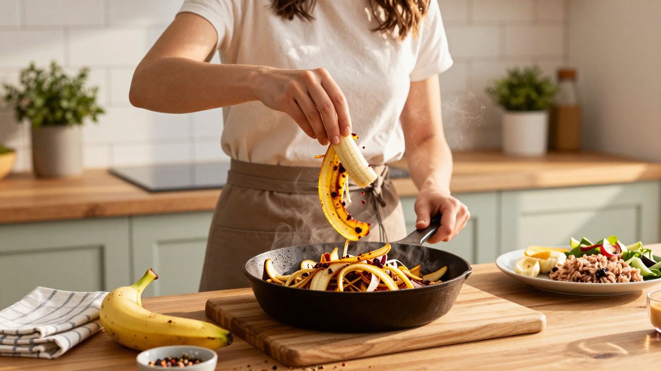 Pessoa a cozinhar fatias de banana numa frigideira numa cozinha moderna, com ingredientes na bancada.