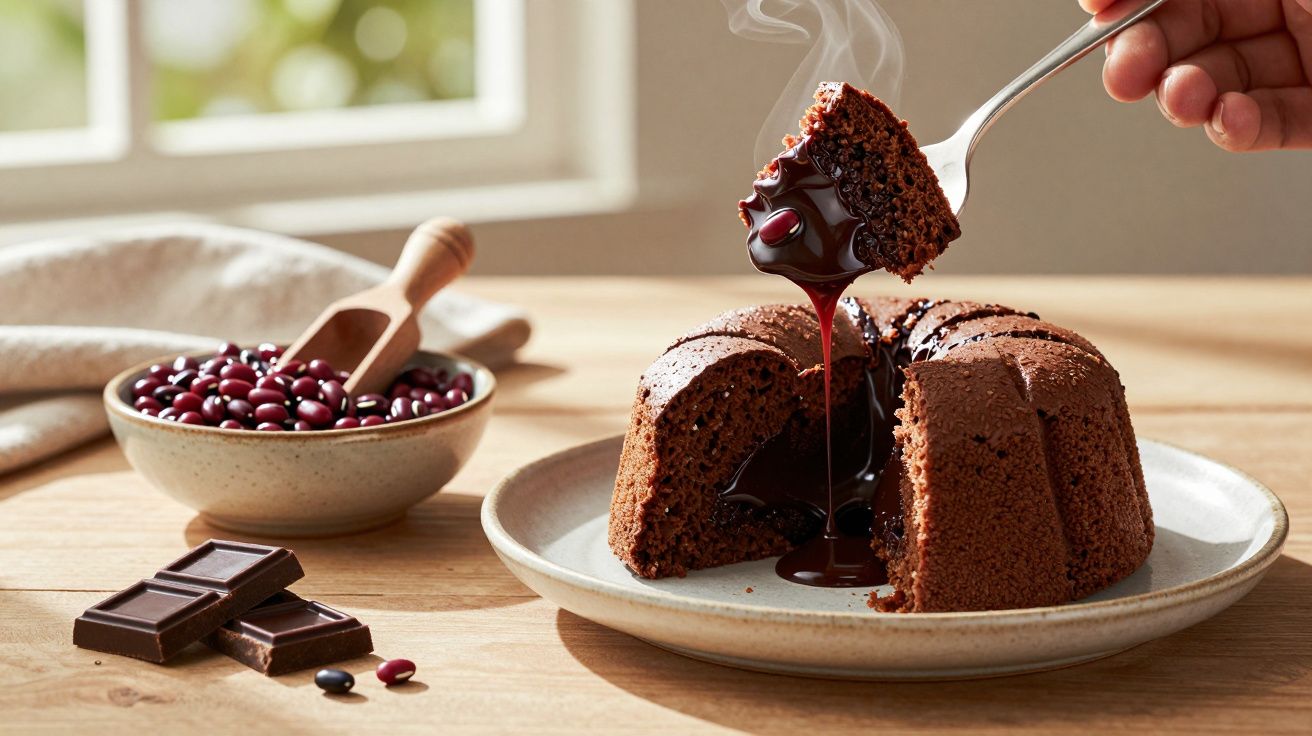 Bolo de chocolate com recheio quente a escorrer, com feijão vermelho e pedaços de chocolate ao lado.