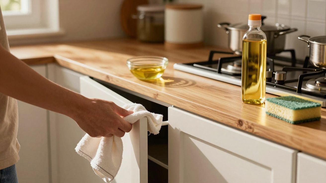 Mão a limpar puxador de armário de cozinha branco com pano, bancada de madeira com óleo e esponja.