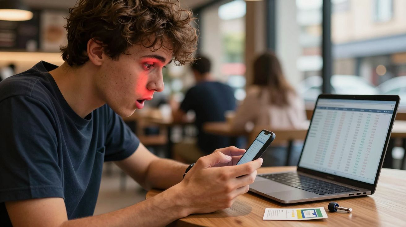 Jovem surpreendido a olhar para o telemóvel sentado numa mesa com computador portátil aberto e papeis.