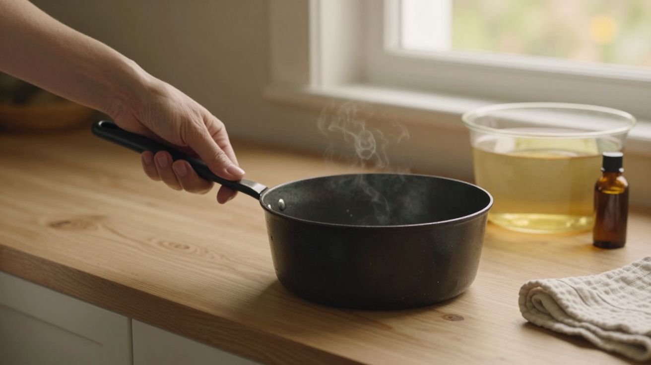 Mão a segurar frigideira preta com vapor a sair sobre bancada de madeira, junto a jarro e frasco.