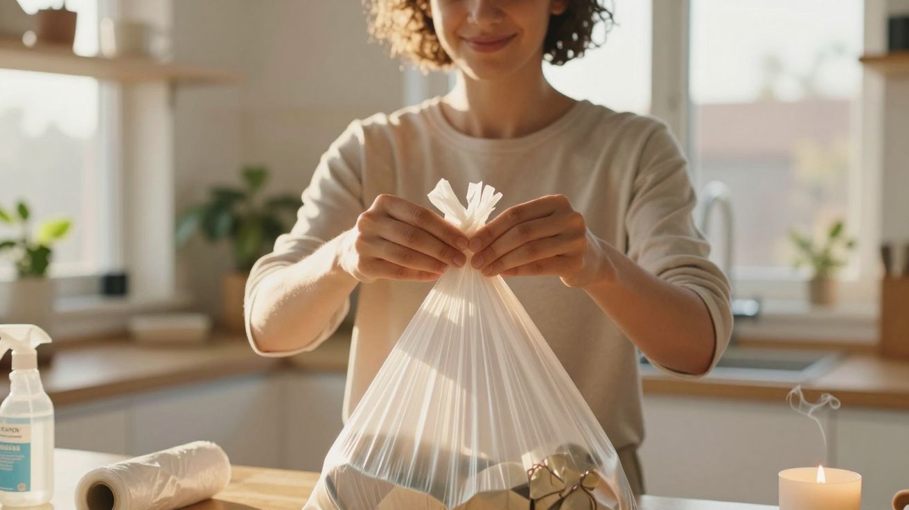 Pessoa a fechar um saco de lixo transparente numa cozinha com luz natural.