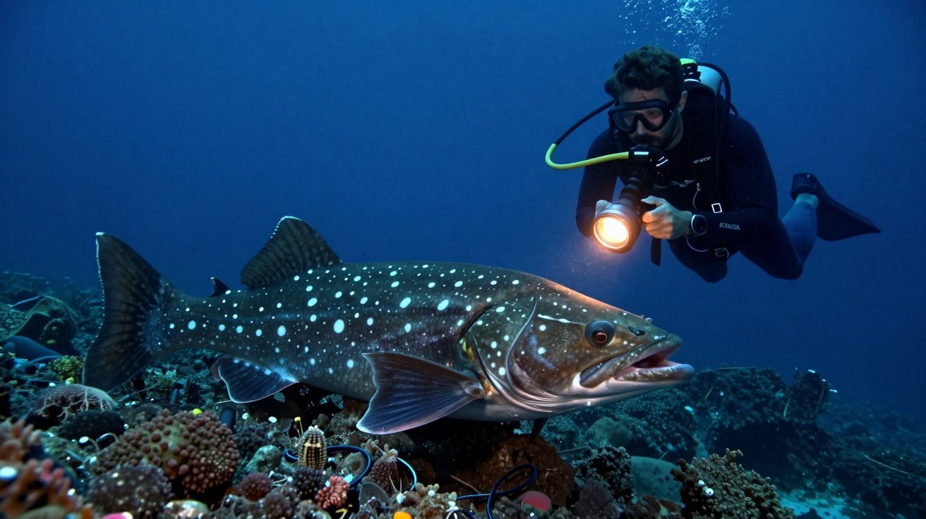 Mergulhador com câmara e luz a filmar peixe grande com manchas brancas no fundo do mar.