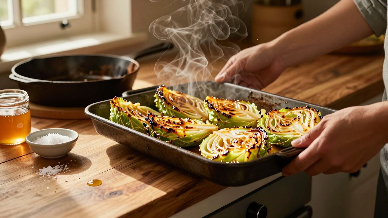 Mãos a retirar do forno um tabuleiro com couves grelhadas a fumegar numa cozinha com luz natural.