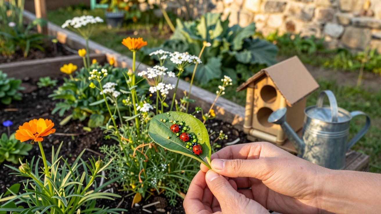Mãos seguram folha com três joaninhas junto a flores, regador e casinha de pássaros num jardim.