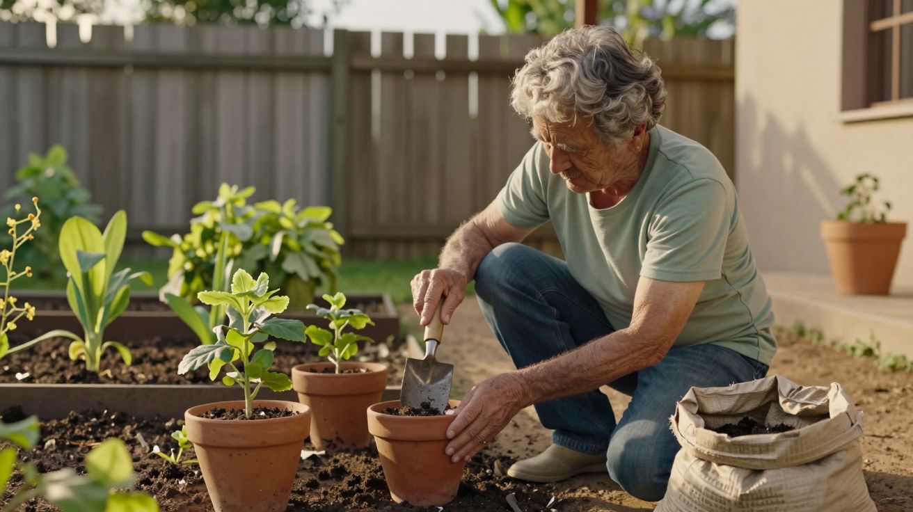 Idoso de cabelo cinza a cuidar de plantas em vaso, com pá de jardim num jardim ao ar livre.