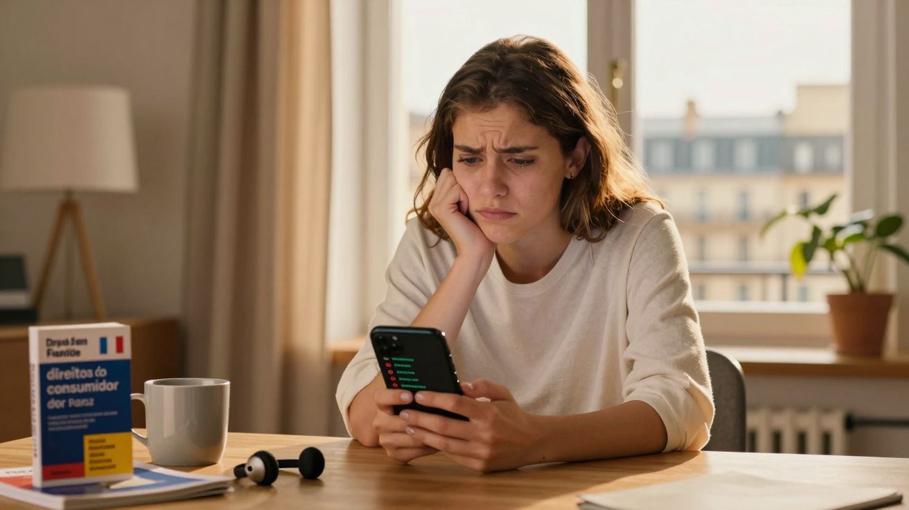 Mulher preocupada consulta telemóvel sentada numa mesa com livro e auscultadores, ao fundo janela e planta.