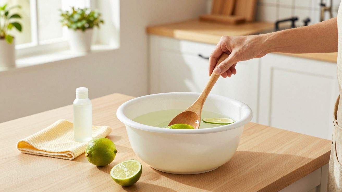 Mão mexe com colher de pau em água com limões num recipiente branco sobre mesa de cozinha.