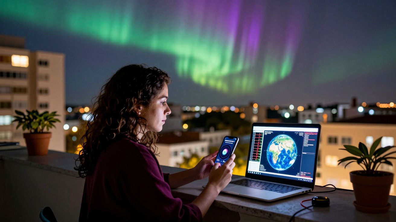Mulher observa dados no telemóvel e computador num terraço à noite com aurora boreal brilhando no céu.