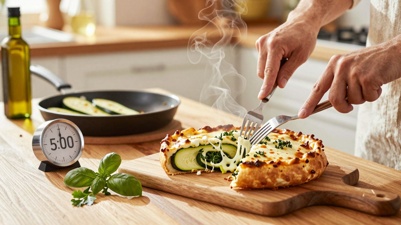 Pessoa a cortar tarte quente de legumes com queijo derretido numa cozinha iluminada.