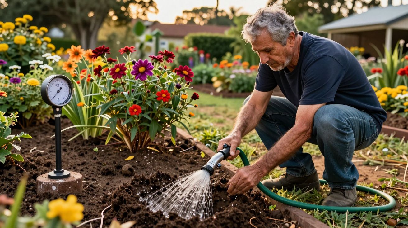 Homem idoso a regar plantas num jardim colorido com mangueira e medidor de humidade do solo.
