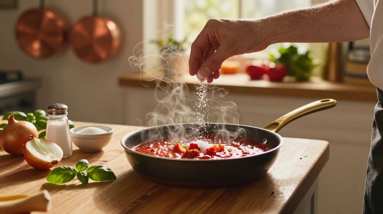 Mão a temperar com sal um tacho com molho de tomate fumegante numa cozinha iluminada.
