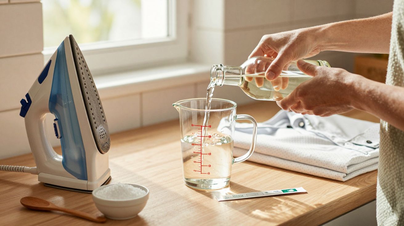 Pessoa a despejar líquido numa jarra medidora, ferro de engomar e camisa sobre mesa de madeira.