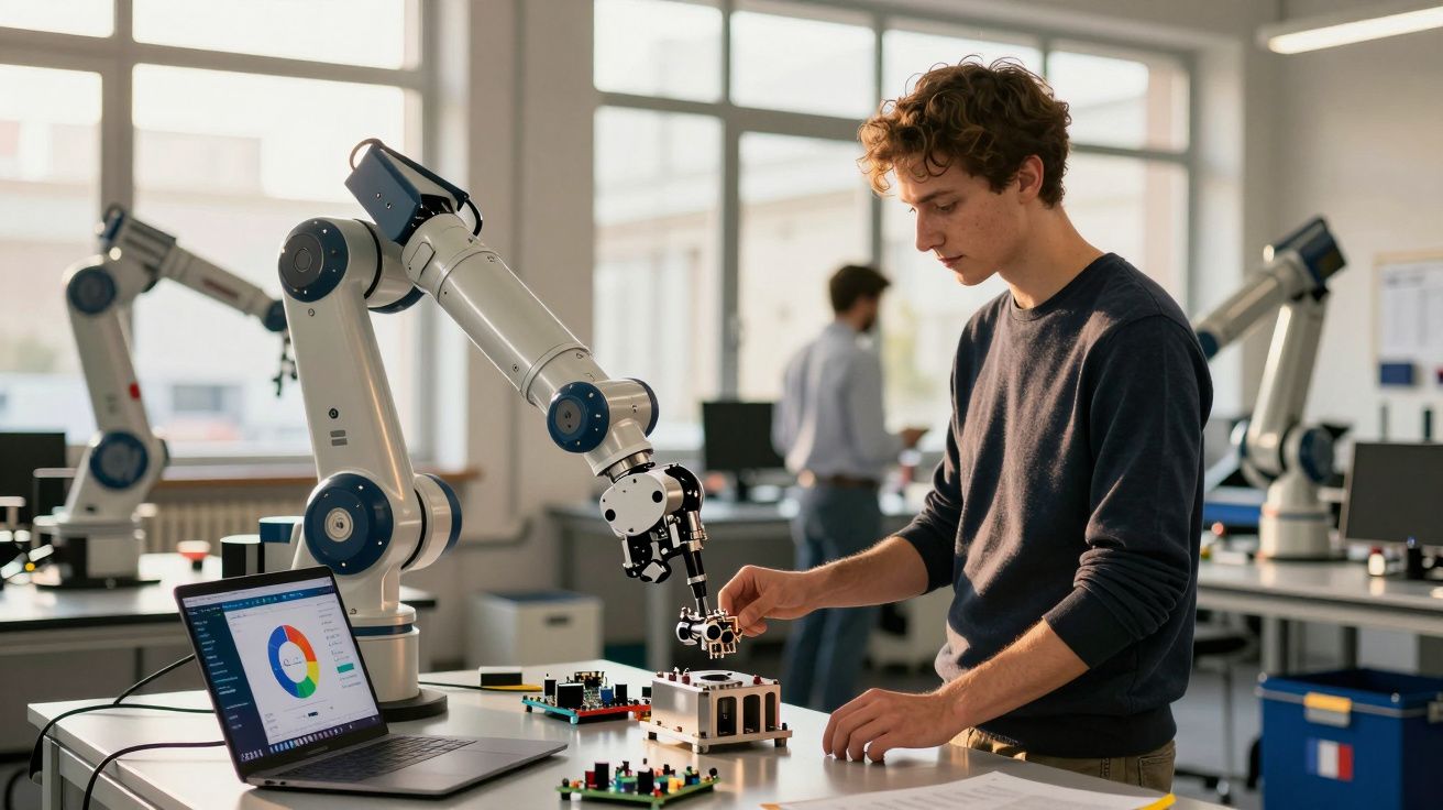 Homem jovem a trabalhar com braços robóticos e componentes eletrónicos numa oficina tecnológica moderna.