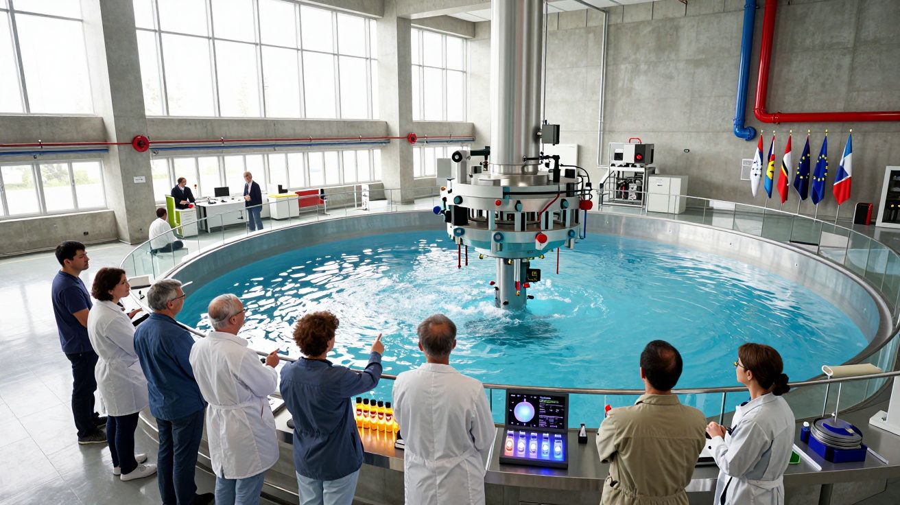 Grupo de cientistas observa teste num grande tanque circular com máquina no centro numa instalação moderna.