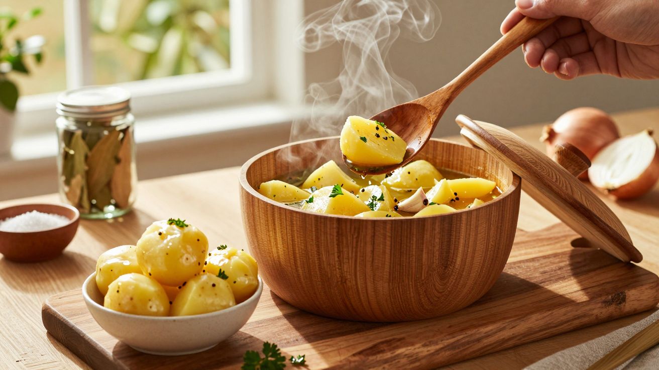 Tigela de madeira com batatas quentes cozidas e ervas, com vapor a sair e colher a servir.
