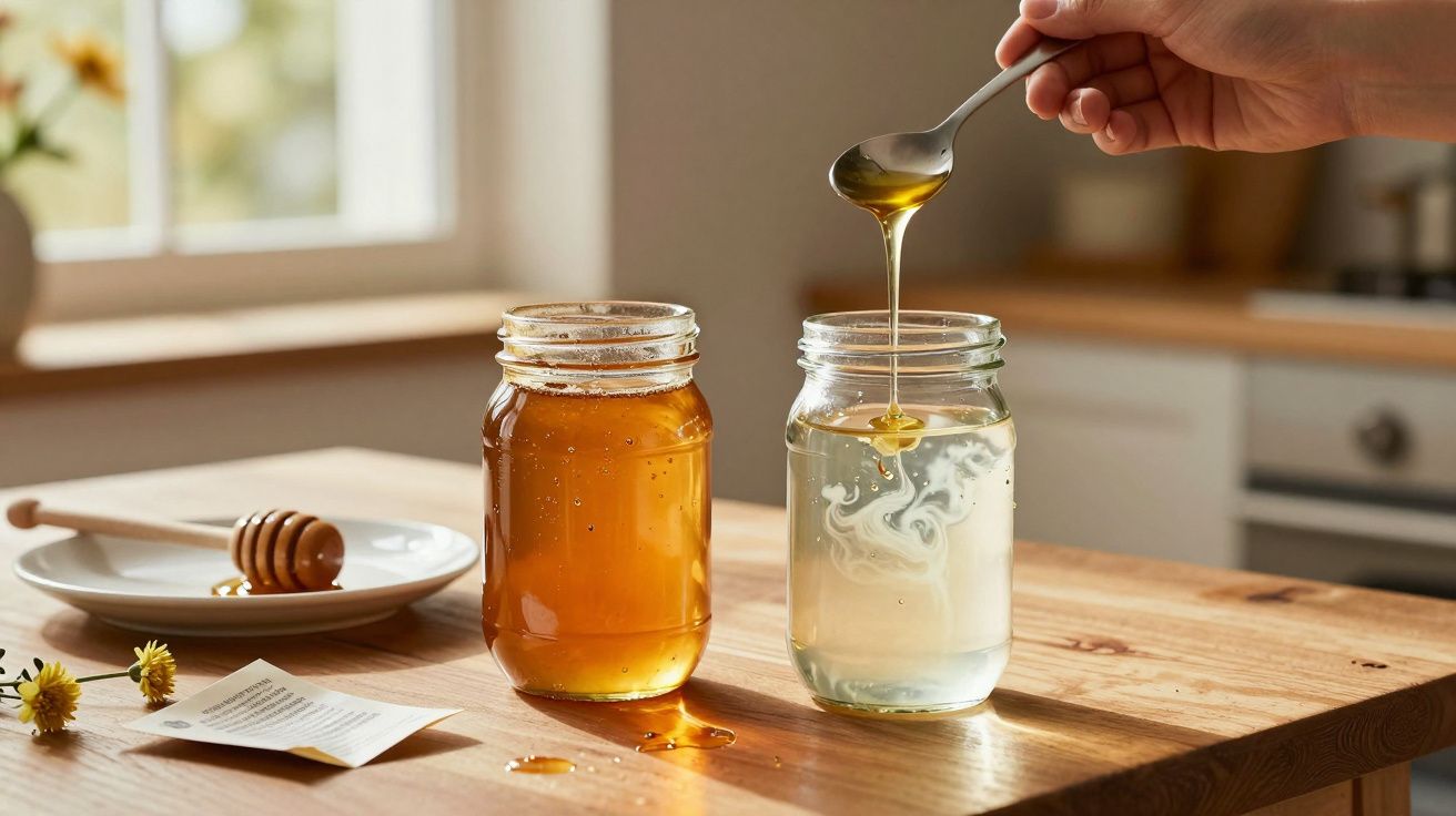 Frasco com mel dourado e frasco com água a receber mel de colher numa cozinha iluminada.