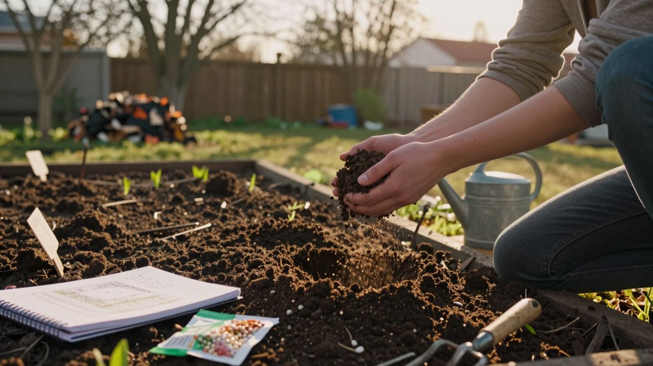 Pessoa a preparar terra para semear num canteiro com ferramentas e sementes ao lado em jardim exterior.