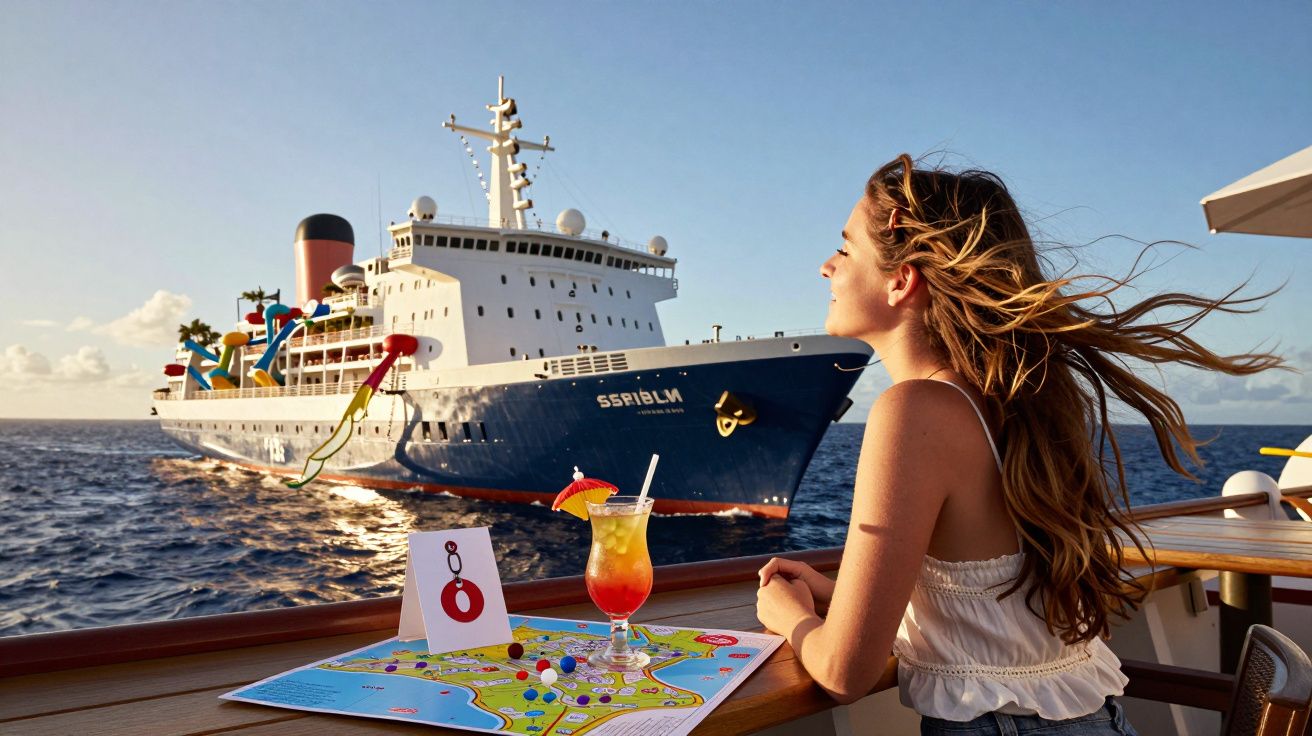 Mulher loira sentada num convés, com cocktail e cruzeiro grande ao fundo no mar ao pôr do sol.