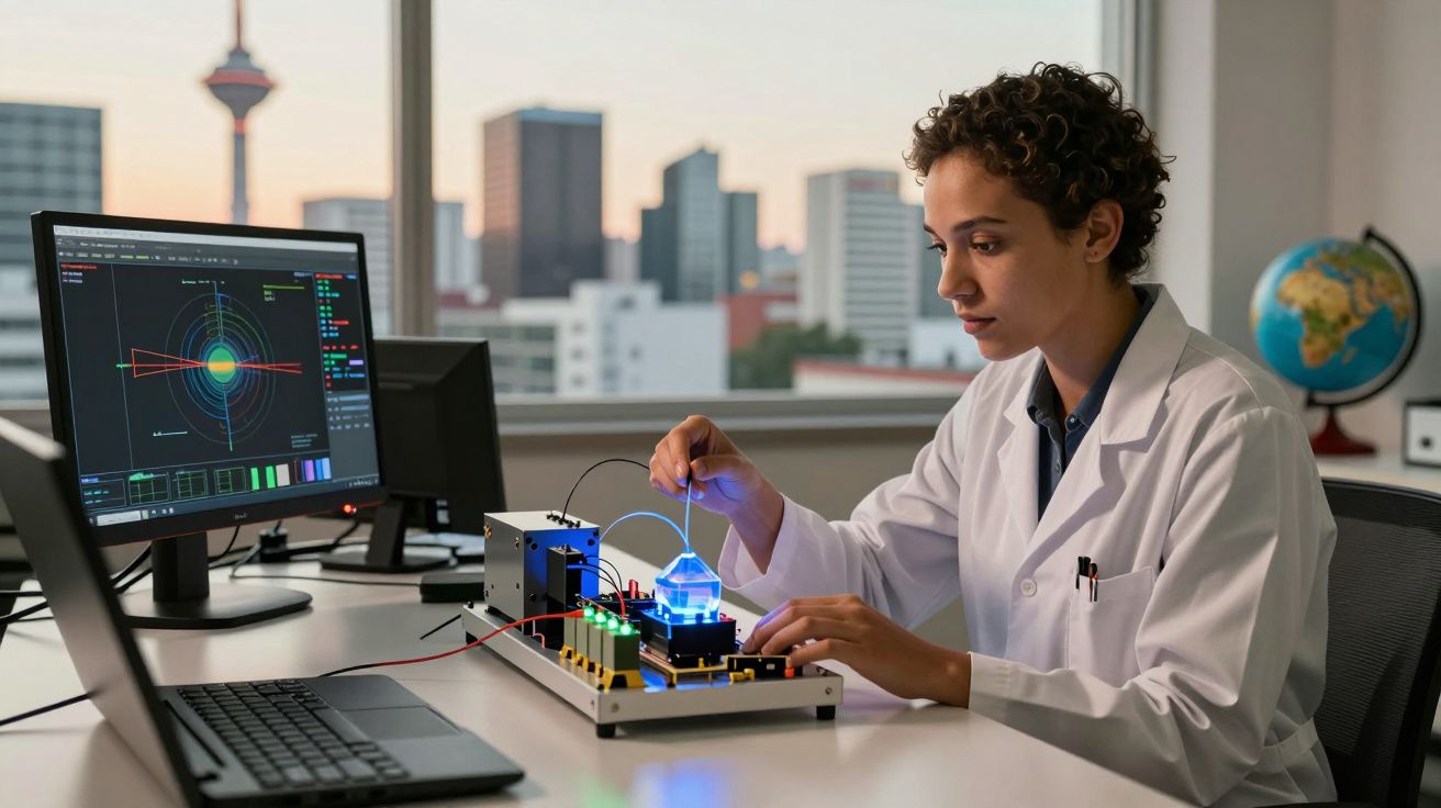 Cientista a trabalhar numa experiência com equipamento tecnológico num laboratório moderno, com vista para a cidade.