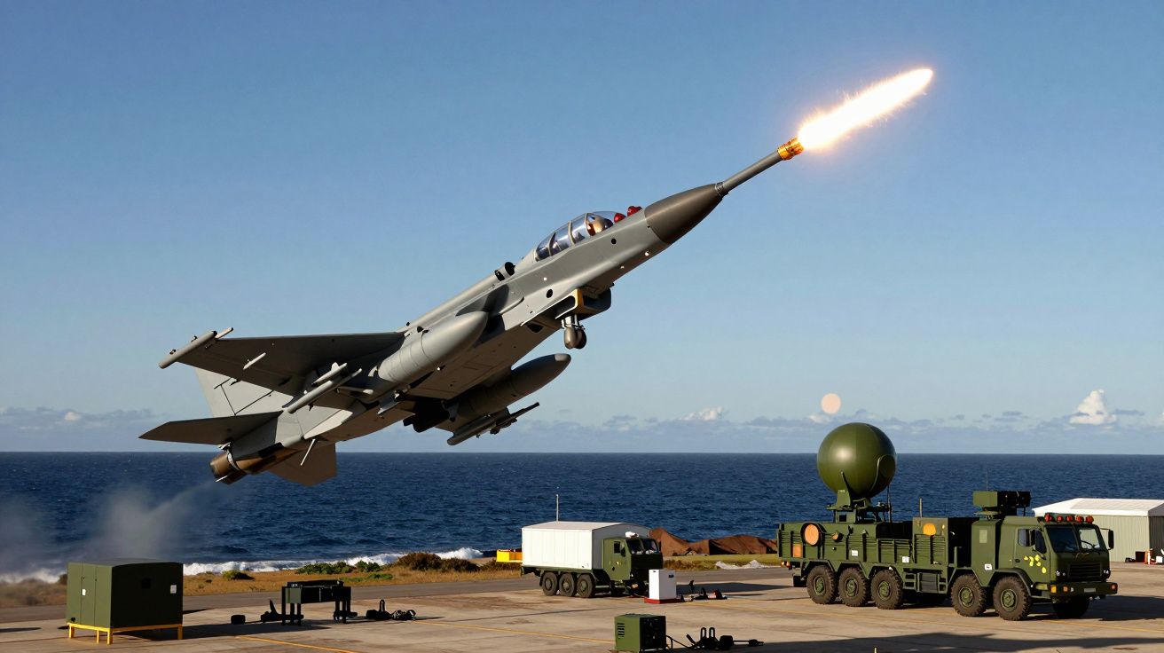 Avião militar a descolar junto ao mar com veículo militar e equipamento radar estacionados numa base aérea.